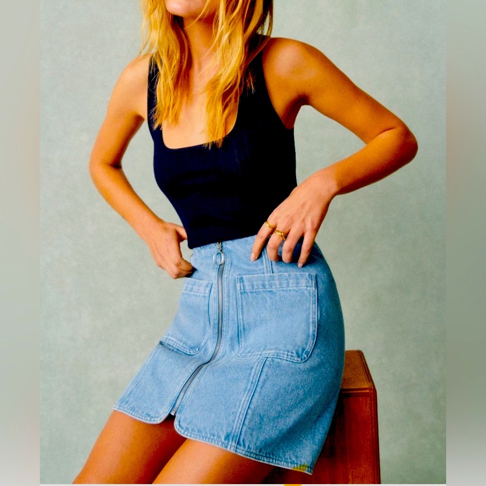 Sezane Light Blue Denim Mini Skirt with Front Zip - Picture 3 of 9